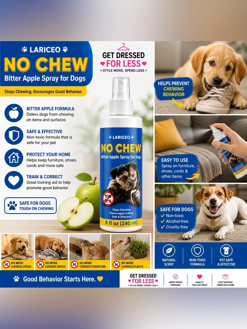 Lariceo No Chew Bitter Apple Spray Dogs Training Anti Chew Deterrent 8oz Organic